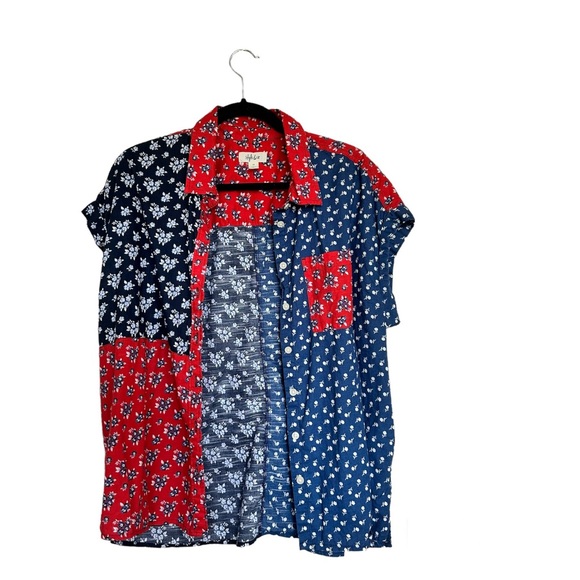 Style & Co 1X Floral Patchwork Red White Blue Button Up - Picture 3 of 7